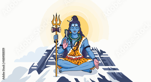 Lord Shiva meditating peacefully on a snow-capped mountain peak under the sun, a symbol of divine tranquility.