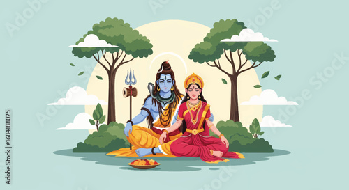 Lord Shiva and Goddess Parvati sitting together in a serene natural landscape, divine couple illustration.