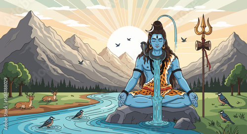 Lord Shiva meditating by a flowing river in a beautiful pixel art mountainous landscape with deer and birds.