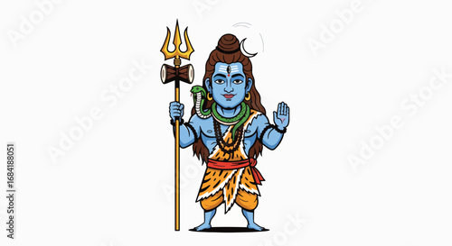 Cute chibi cartoon Lord Shiva standing, holding Trishul, Damaru, and snake, Hindu deity.
