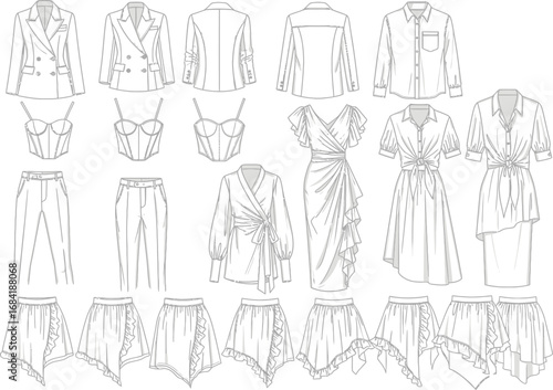 Collection of fashionable womenswear outfits and garments presented in a stylized line drawing fashion sketch style