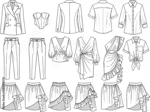Collection of hand drawn fashion sketches featuring various garments and outfits for women s apparel design