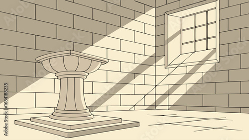Interior Architectural Drawing of a Stone Structure with a Basin on a Pedestal.