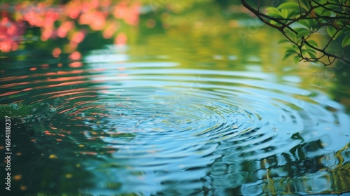 Ripples on a serene pond reflecting the surrounding nature in soft light