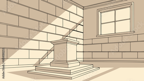 Illustration of a Classical Pedestal in a Stone Chamber with Light and Shadow.