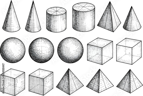 Collection of hand drawn geometric shapes including cones cylinders spheres cubes and pyramids in sketch style