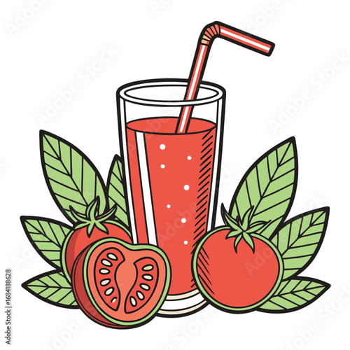 Tomato juice fills a glass with a striped straw next to two ripe tomatoes