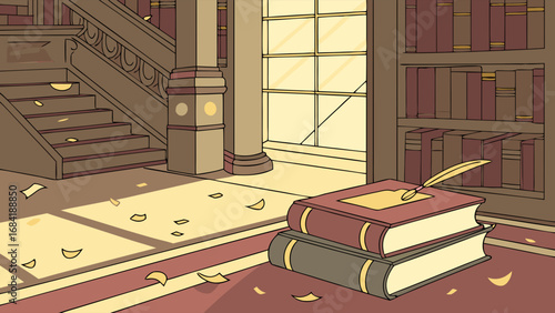 Interior Library Scene with Books and Stairs.