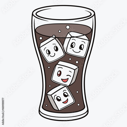 Cartoon soda cup shows ice cubes with happy faces in format