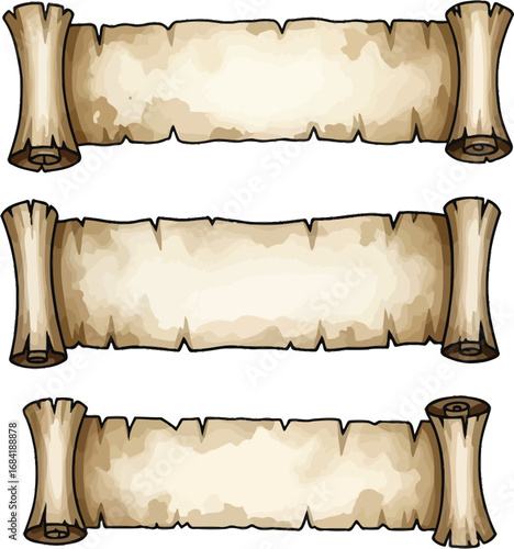 Collection of three aged parchment scrolls with tattered edges and wooden rollers isolated on white background