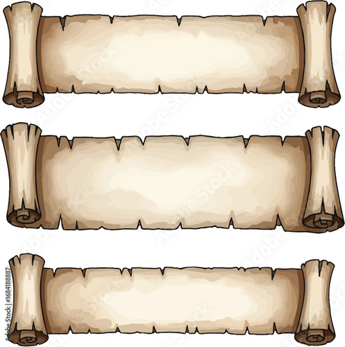 Three antique parchment scrolls with aged paper texture and rolled edges isolated on white background