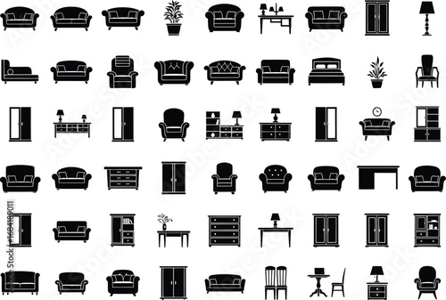 Collection of various furniture silhouettes including chairs sofas tables cabinets and lamps for interior design