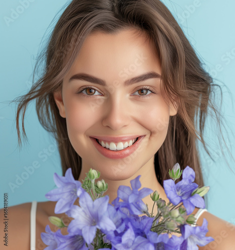 Mulher sorridente com buquê de campainhas azuis