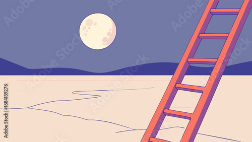 Night scene with ladder leading to the moon minimalist illustration flat design surreal art vector graphic.
