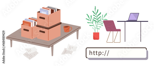 Wooden table with storage boxes, scattered papers, coffee mug desk setup with laptop, chair, potted plant, and a URL search bar. Ideal for office, remote work, organization productivity creativity