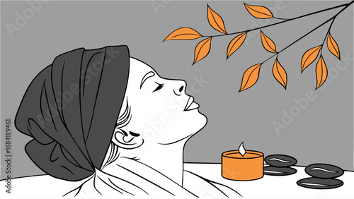 Relaxing Spa Day Woman with Head Wrap Candle and Stones Illustration.