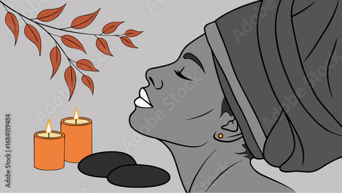 Relaxation and Wellness Illustration with Candles Stones and a Peaceful Person.