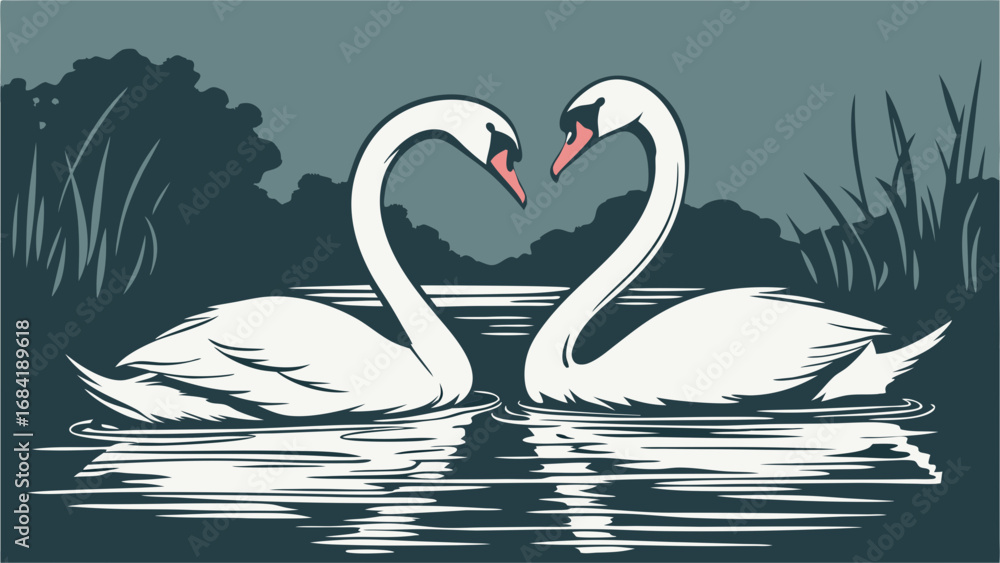 Fototapeta premium Two Swans in Love on a Still Water Pond.