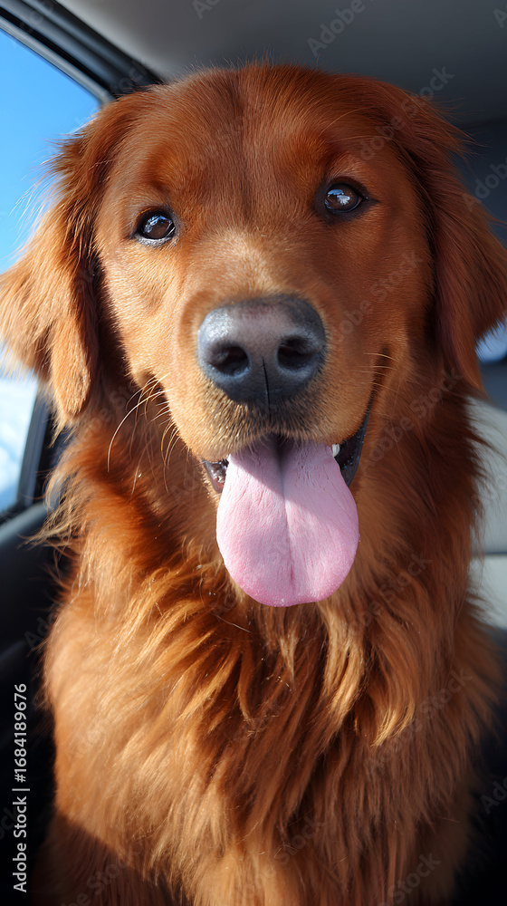 Obraz premium Close-Up Portrait of a Happy Golden Retriever Dog with Tongue Out Sitting in a Car