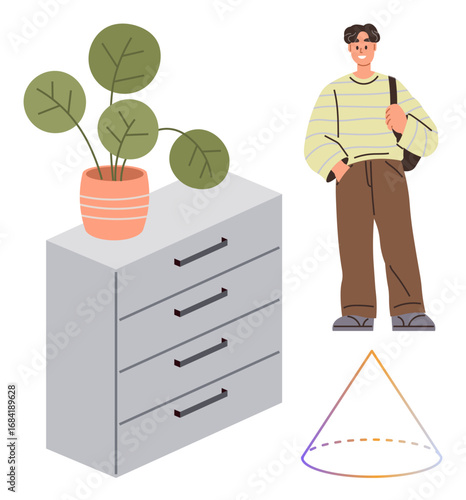 Casual man in a striped sweater stands confidently beside a cabinet with a potted plant. A geometric gradient cone reflects design and balance. Ideal for creativity, geometry, interior design