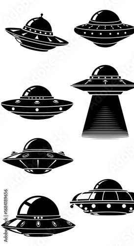 Collection of Black and White UFO Illustrations.