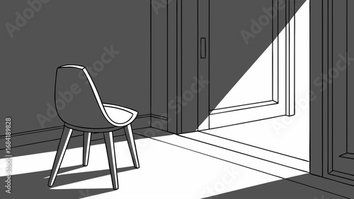 Sunlit Room Interior with Single Chair Minimalist Line Art Illustration.
