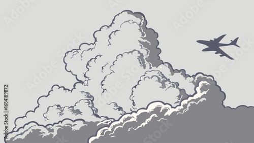 Sky Filled with Clouds and an Airplane Silhouette.