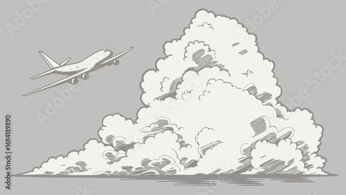 Airplane taking off near large clouds.