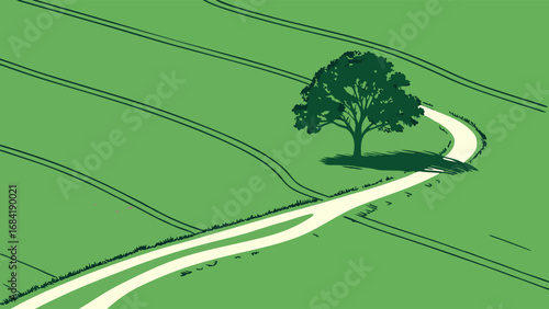 Curving Path Through Green Landscape With Tree.