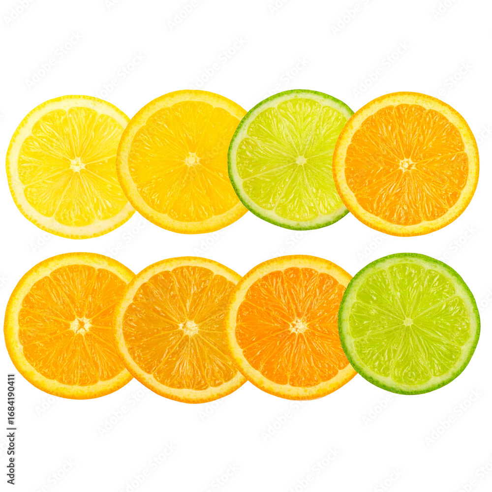 Obraz premium Eight citrus fruit slices arranged in two rows on transparent background 