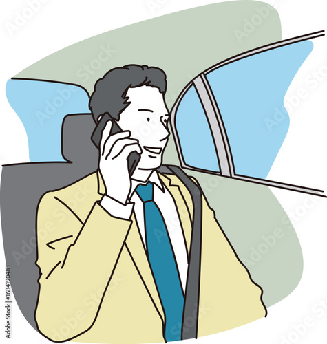 後部座席で電話をするスーツの男性ビジネスパーソンのイラスト素材