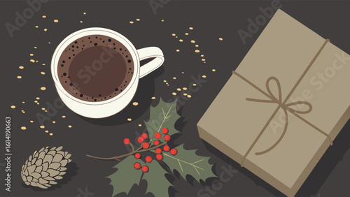 Flat lay image of coffee cup gift pine cone and holly berries on dark background.