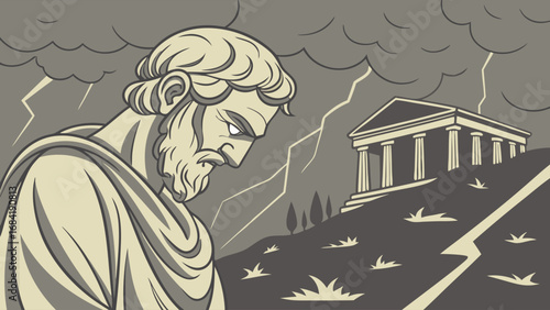 Ancient Figure Under Stormy Skies.