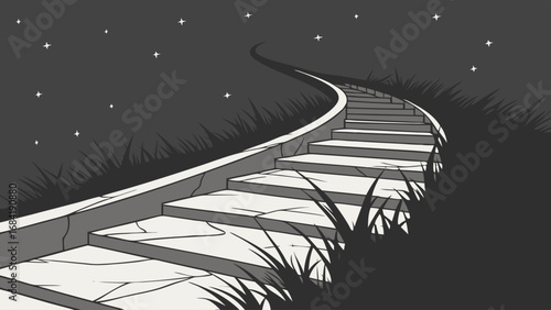 Stone Steps Winding Upward at Night Starry Sky Background Illustration.