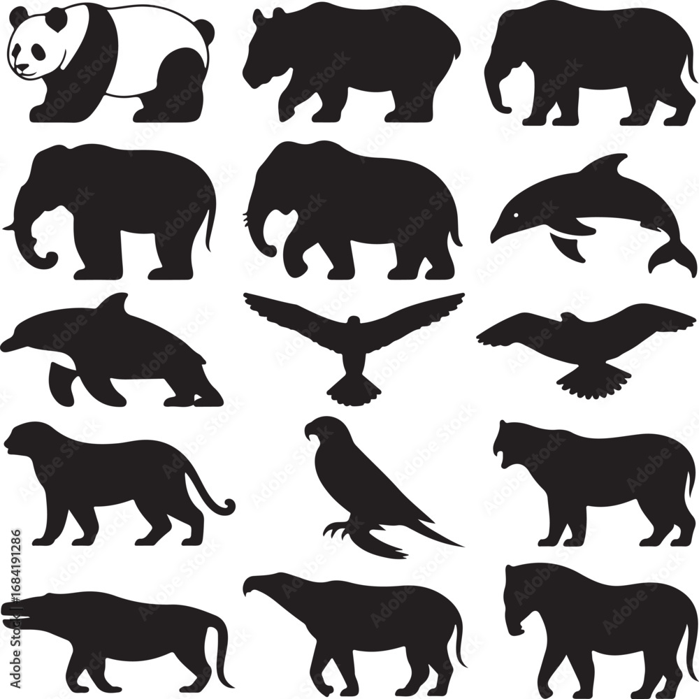 Fototapeta premium Animal Silhouettes Black Collection Diverse Wildlife panda bear