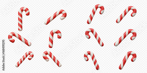 A collection of glossy red and white striped 3D candy canes arranged in various orientations on a transparent background.