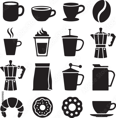 Coffee shop icons including cups beans and pastries Keywords: coffee, cup, mug, espresso, latte