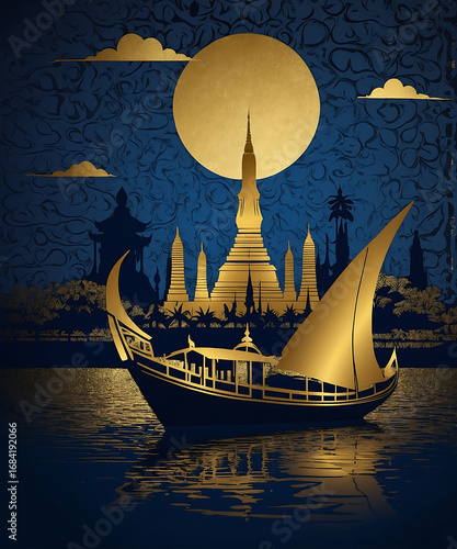 Golden temple and boat under a full moon on the water