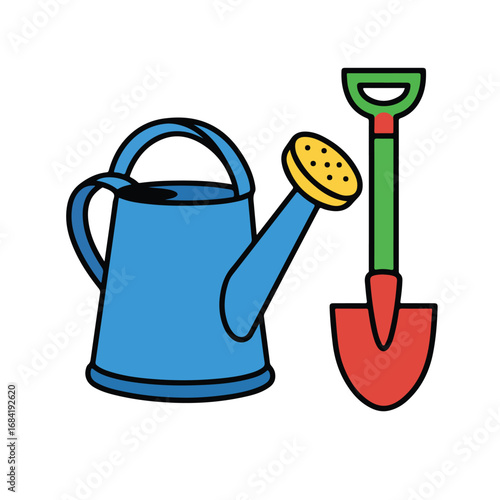 A blue watering can and a red and green shovel