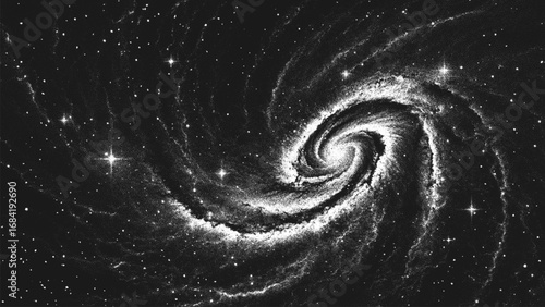 Deep space scene background in stippling style with amazing huge spiral nebula in universe. Great Attractor. Retro styled dotwork. Pointillism. Noisy grainy shading using dots. Vector illustration