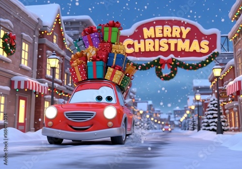 Merry Christmas - Festive Cartoon Car with a Pile of Gifts