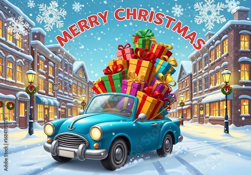 Merry Christmas - Festive Cartoon Car with a Pile of Gifts