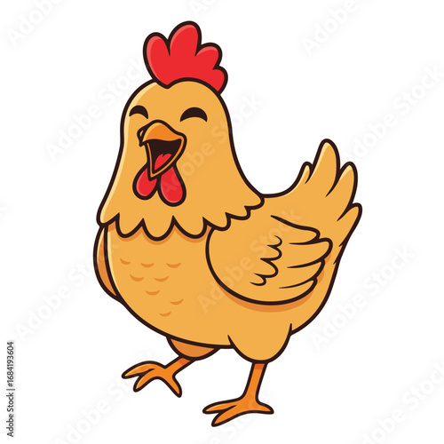 A cartoon chicken with orange feathers and a red comb