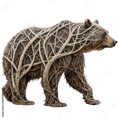 Majestic grizzly bear with intricate natural root growth patterns walking powerfully, embodying wild nature and organic design.