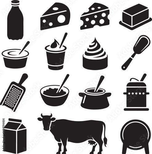 Assortment of dairy product icons including milk, cheese, butter, and yogurt cream