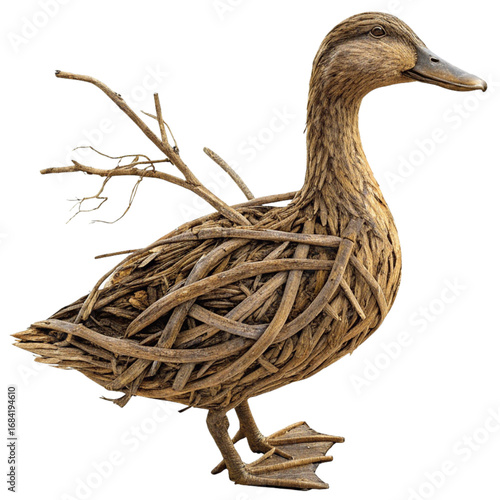 Unique rustic duck sculpture crafted from natural twigs and branches, perfect for whimsical garden decor or eco-friendly art projects.