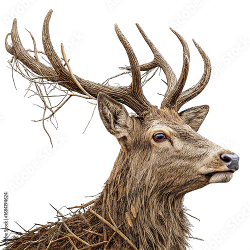 Majestic stag with intricate, branching antlers adorned with delicate twigs, exuding wild elegance and natural wonder.