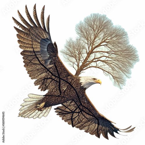Majestic eagle with intricate tree-like wing patterns soars against a surreal, sparse backdrop, symbolizing freedom and natural artistry.
