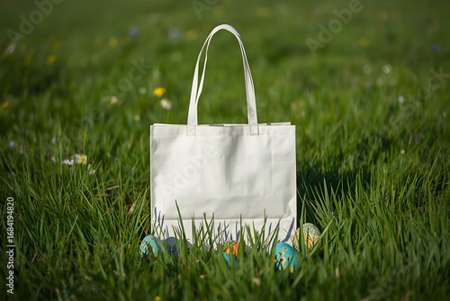 Elegant Easter Celebration, White Tote Bag Nestled Among Decorative Eggs in a Vibrant Green Meadow