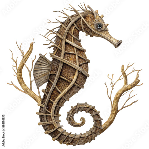 Unique natural seahorse sculpture crafted from twigs and branches evoking coastal charm and artisanal decor